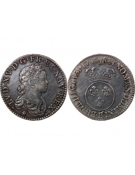 LOUIS XV - 1/2 ECU ARGENT VERTUGADIN 1716 B ROUEN