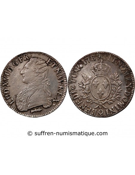 LOUIS XVI - ÉCU ARGENT AUX BRANCHES D'OLIVIER 1789 Q PERPIGNAN