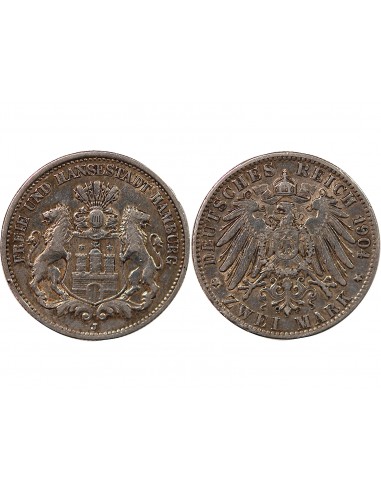 ALLEMAGNE, HAMBOURG - 2 MARK ARGENT 1904 J HAMBOURG