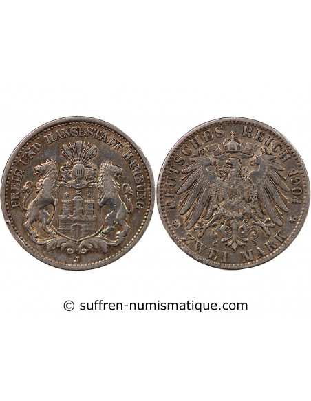 ALLEMAGNE, HAMBOURG - 2 MARK ARGENT 1904 J HAMBOURG