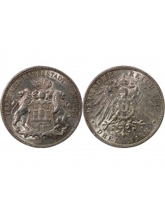 ALLEMAGNE, HAMBOURG - 3 MARK ARGENT 1913 J 2