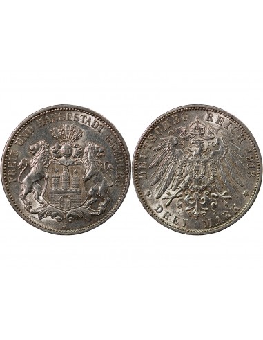 ALLEMAGNE, HAMBOURG - 3 MARK ARGENT 1913 J