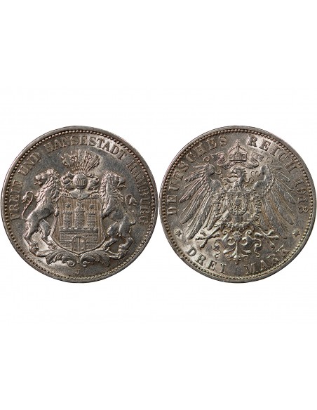 ALLEMAGNE, HAMBOURG - 3 MARK ARGENT 1913 J