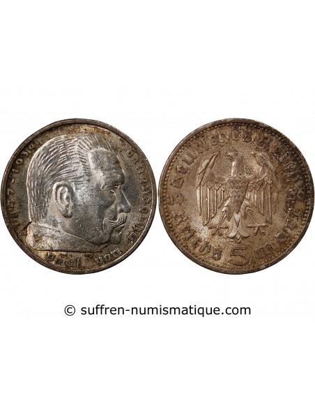 ALLEMAGNE, HINDENBURG - 5 MARK ARGENT 1936 A BERLIN