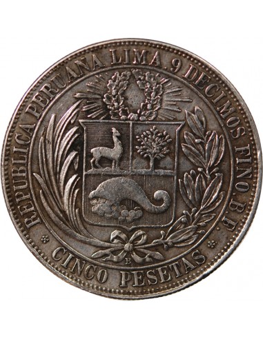 PEROU - 5 PESETAS ARGENT 1880 LIMA