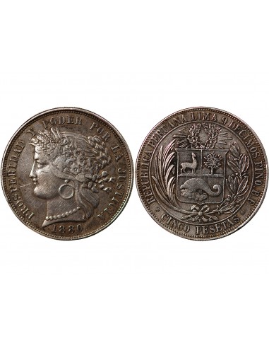 PEROU - 5 PESETAS ARGENT 1880 LIMA
