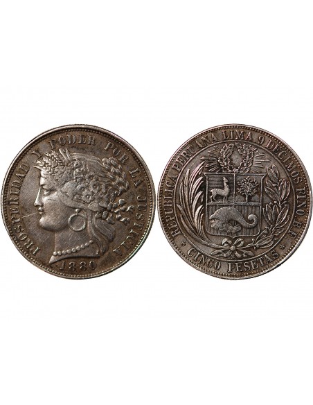 PEROU - 5 PESETAS ARGENT 1880 LIMA