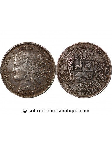 PEROU - 5 PESETAS ARGENT 1880 LIMA
