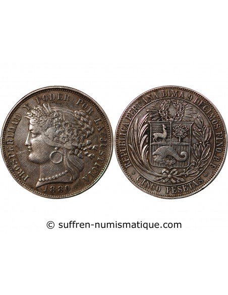PEROU - 5 PESETAS ARGENT 1880 LIMA