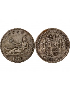 ESPAGNE, GOUVERNEMENT PROVISOIRE - 5 PESETAS ARGENT 1870 SNM 2