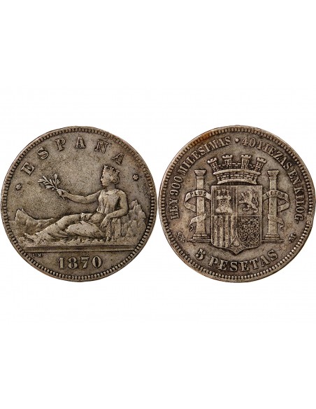 ESPAGNE, GOUVERNEMENT PROVISOIRE - 5 PESETAS ARGENT 1870 SNM