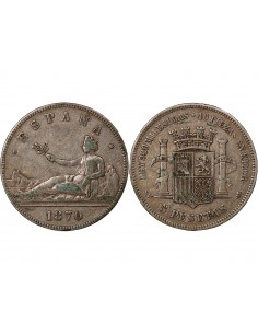 ESPAGNE, GOUVERNEMENT PROVISOIRE - 5 PESETAS ARGENT 1870 SNM 2