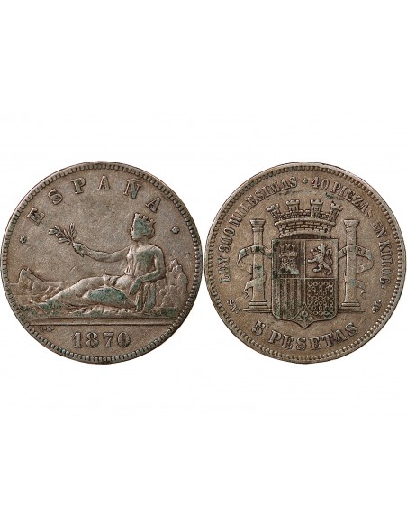ESPAGNE, GOUVERNEMENT PROVISOIRE - 5 PESETAS ARGENT 1870 SNM