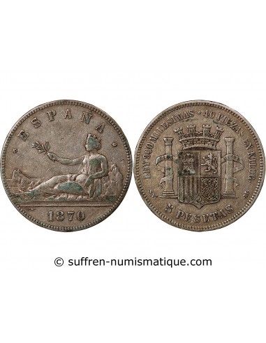 ESPAGNE, GOUVERNEMENT PROVISOIRE - 5 PESETAS ARGENT 1870 SNM