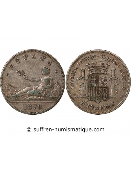 ESPAGNE, GOUVERNEMENT PROVISOIRE - 5 PESETAS ARGENT 1870 SNM