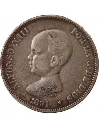ESPAGNE, ALPHONSE XIII - 5 PESETAS ARGENT 1892 PGM