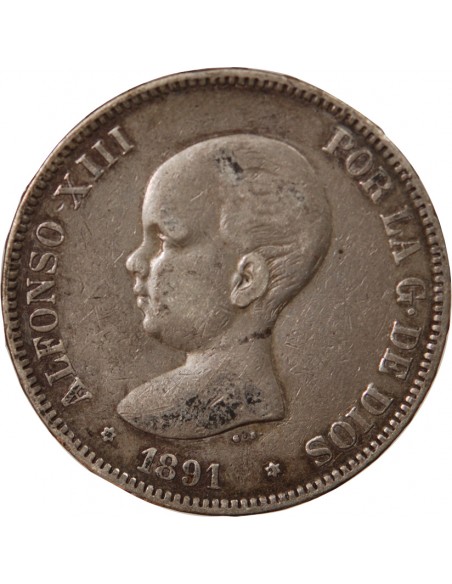 ESPAGNE, ALPHONSE XIII - 5 PESETAS ARGENT 1892 PGM