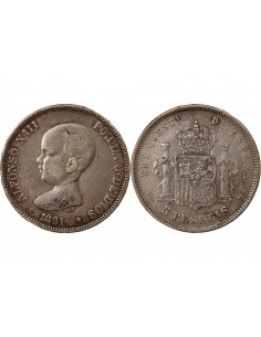 ESPAGNE, ALPHONSE XIII - 5 PESETAS ARGENT 1892 PGM 2