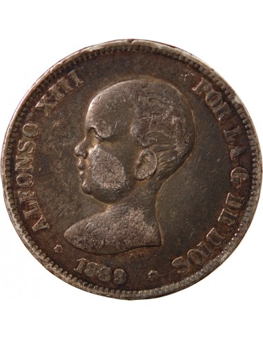 ESPAGNE, ALPHONSE XIII - 5 PESETAS ARGENT 1889 PGM