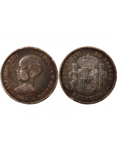 ESPAGNE, ALPHONSE XIII - 5 PESETAS ARGENT 1889 PGM