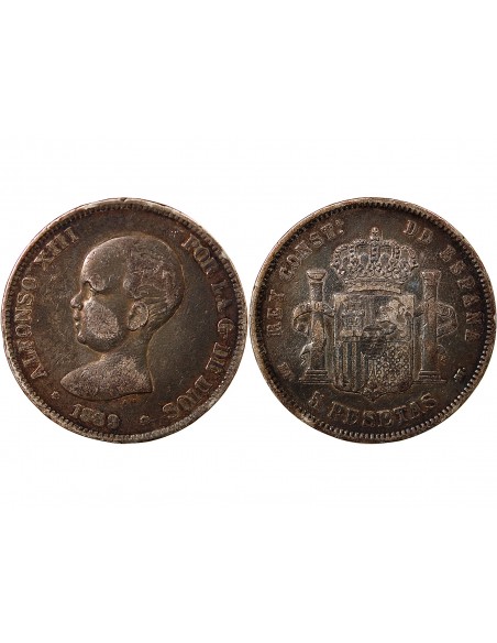 ESPAGNE, ALPHONSE XIII - 5 PESETAS ARGENT 1889 PGM