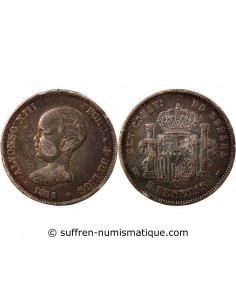 ESPAGNE, ALPHONSE XIII - 5 PESETAS ARGENT 1889 PGM