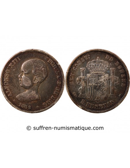 ESPAGNE, ALPHONSE XIII - 5 PESETAS ARGENT 1889 PGM