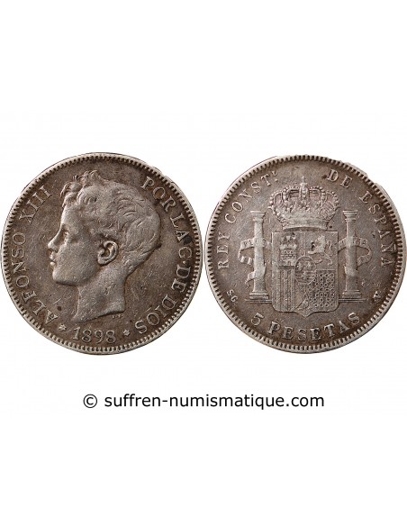 ESPAGNE, ALPHONSE XIII - 5 PESETAS ARGENT 1898 SGV