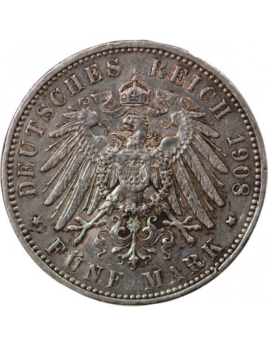 ALLEMAGNE, SAXE, FRIEDRICH AUGUST III - 5 MARK ARGENT 1908 E MULDENHÜTTEN