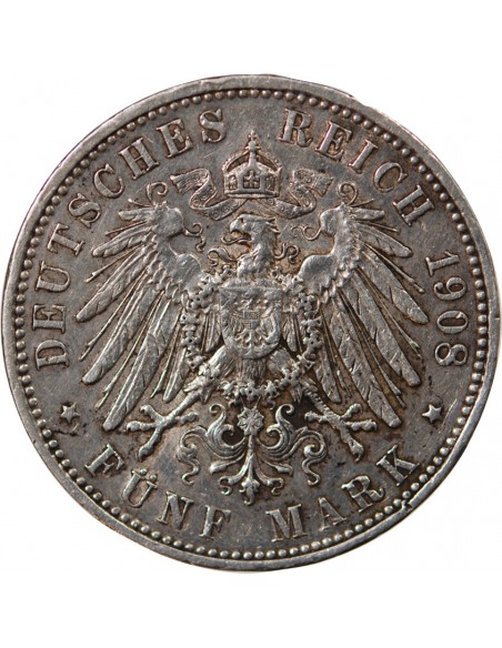 ALLEMAGNE, SAXE, FRIEDRICH AUGUST III - 5 MARK ARGENT 1908 E MULDENHÜTTEN