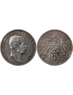 ALLEMAGNE, SAXE, FRIEDRICH AUGUST III - 5 MARK ARGENT 1908 E MULDENHÜTTEN 2
