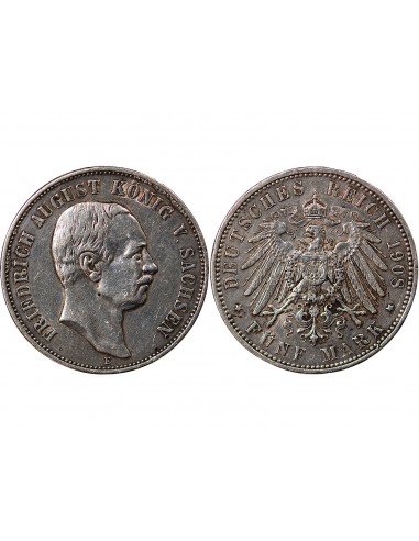 ALLEMAGNE, SAXE, FRIEDRICH AUGUST III - 5 MARK ARGENT 1908 E MULDENHÜTTEN