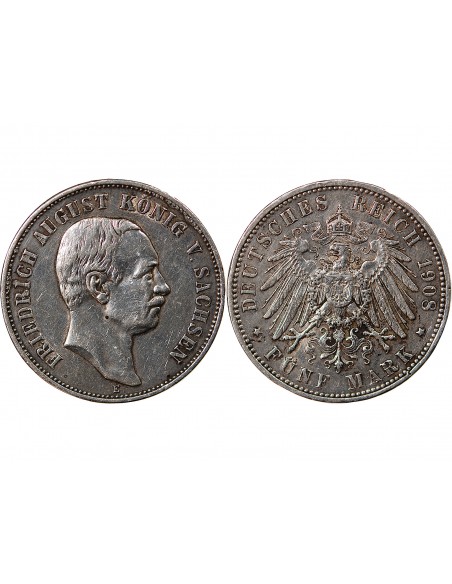 ALLEMAGNE, SAXE, FRIEDRICH AUGUST III - 5 MARK ARGENT 1908 E MULDENHÜTTEN