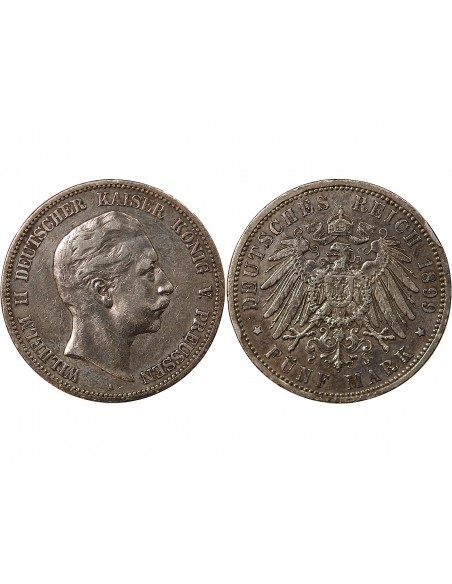 ALLEMAGNE, PRUSSE, WILHELM II - 5 MARK ARGENT 1899 A BERLIN