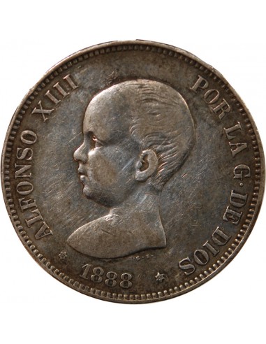 ESPAGNE, ALPHONSE XIII - 5 PESETAS ARGENT 1888 MPM