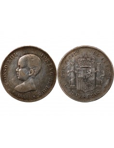 ESPAGNE, ALPHONSE XIII - 5 PESETAS ARGENT 1888 MPM 2