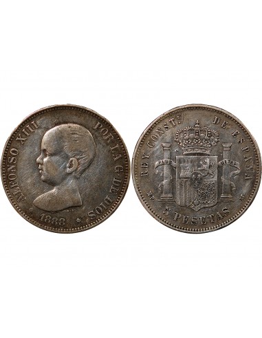 ESPAGNE, ALPHONSE XIII - 5 PESETAS ARGENT 1888 MPM