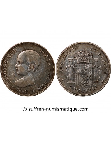 ESPAGNE, ALPHONSE XIII - 5 PESETAS ARGENT 1888 MPM