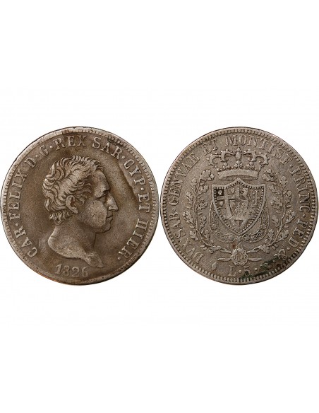 ITALIE, ROYAUME DE SARDAIGNE, CHARLES-FELIX- 5 LIRE ARGENT 1826 TURIN