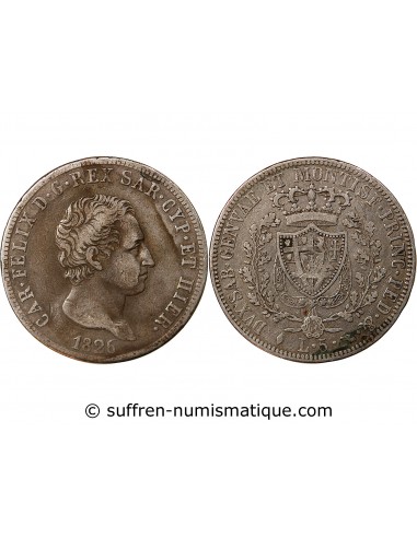ITALIE, ROYAUME DE SARDAIGNE, CHARLES-FELIX- 5 LIRE ARGENT 1826 TURIN