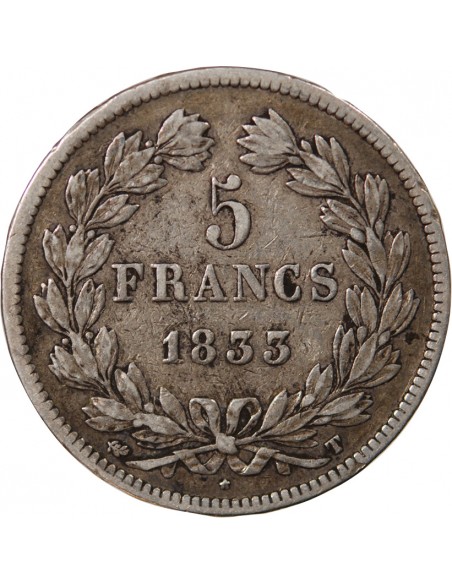 LOUIS PHILIPPE - 5 FRANCS ARGENT 1833 T NANTES