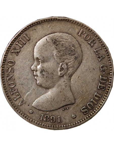 ESPAGNE, ALPHONSE XIII - 5 PESETAS ARGENT 1891 PGM