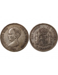 ESPAGNE, ALPHONSE XIII - 5 PESETAS ARGENT 1891 PGM 2