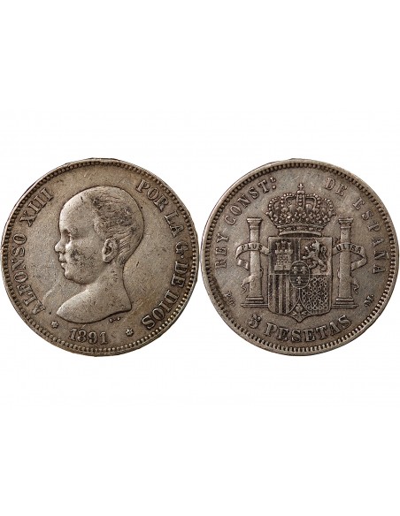 ESPAGNE, ALPHONSE XIII - 5 PESETAS ARGENT 1891 PGM