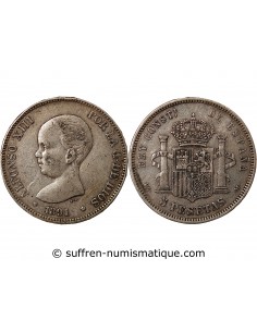 ESPAGNE, ALPHONSE XIII - 5 PESETAS ARGENT 1891 PGM