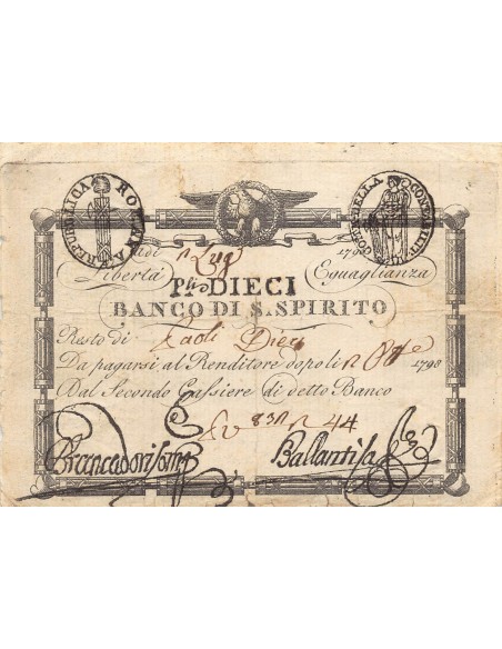 ITALIE, REPUBLIQUE ROMAINE, BANCO DI SANTO SPIRITO - 10 PAOLI 1798