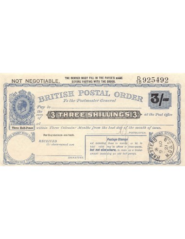 GRANDE-BRETAGNE, GEORGES V - MANDAT POSTAL 3 SHILLINGS 1921
