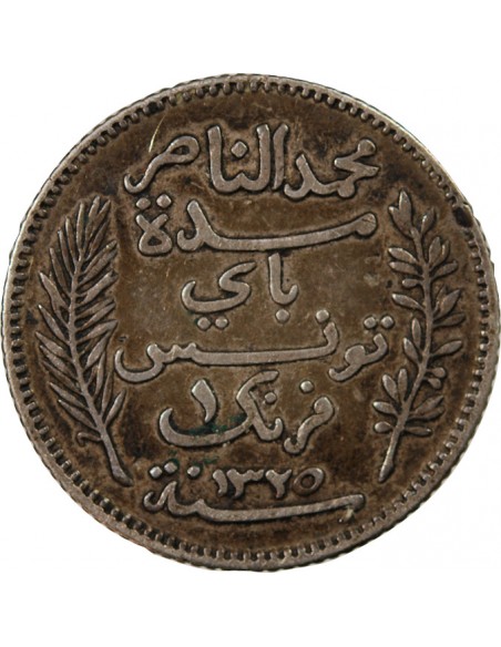 TUNISIE, MUHAMMAD AL-NASIR - 1 FRANC ARGENT 1907 A PARIS
