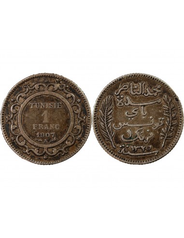 TUNISIE, MUHAMMAD AL-NASIR - 1 FRANC ARGENT 1907 A PARIS