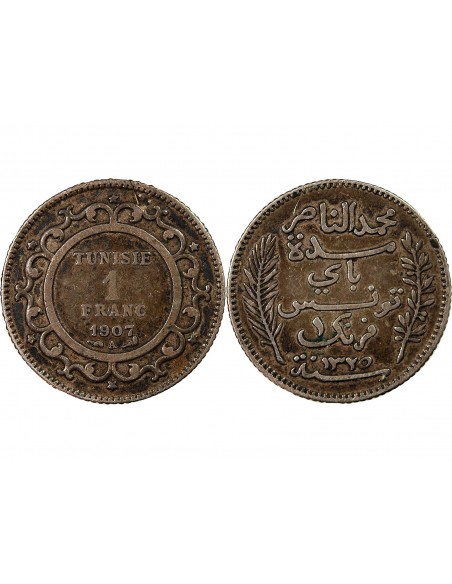 TUNISIE, MUHAMMAD AL-NASIR - 1 FRANC ARGENT 1907 A PARIS